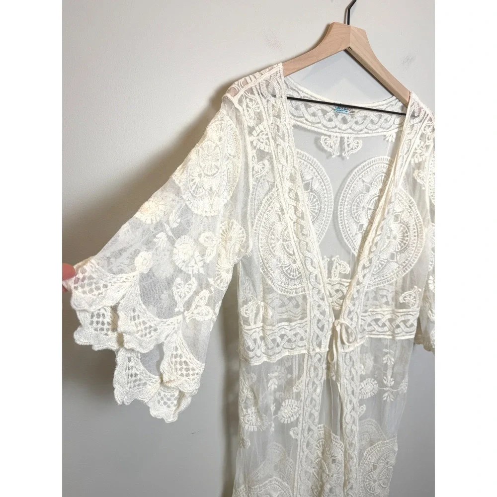 Rebellion Again Long Sheer Duster Cardigan Lace Crochet Romantic White Cream L‎